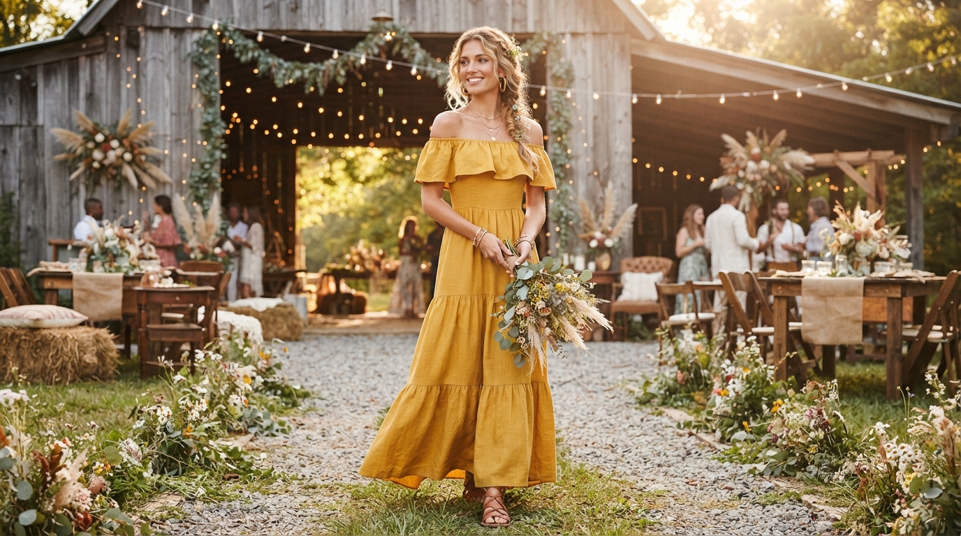 Mustard Yellow Off-the-Shoulder Linen Maxi Dress